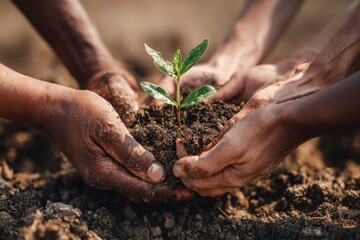 Planting New Tree Sprout Together with Diverse Hands in Fertile Soil. MZ tree, planting, hand, holding, dirtied, ground, growing, young, germinating, together, group, support, close-up, day, green, br