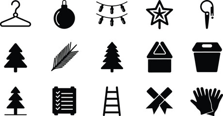 Simple Black Glyph Icons: Christmas Decorations, Tools, and Checklist.