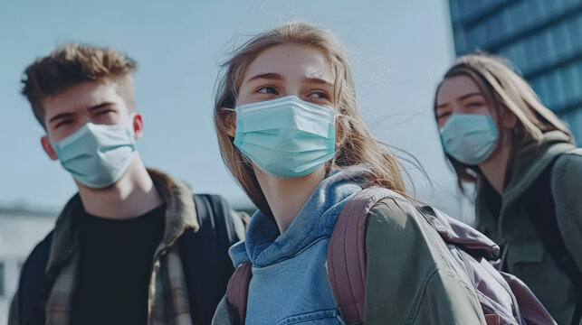 Group of young individuals wearing face masks outdoors in urban environment with modern architecture