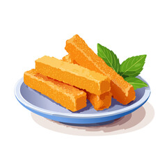 Fried polenta sticks on plate with fresh mint leaves, delicious appetizer vector illustration