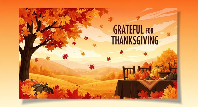 Autumn landscape with harvest table and foliage celebrating thanksgiving season with grateful message