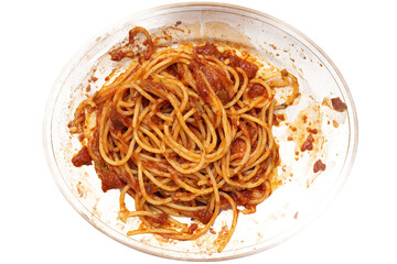 Leftover spaghetti with bolognese sauce on a plate isolated on white transparent background.