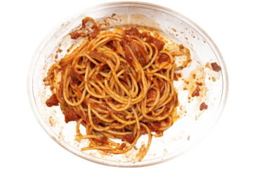 Leftover spaghetti with bolognese sauce on a plate isolated on white transparent background.