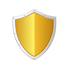 Metallic gold shield with silver trim on black, representing protection and security. Symbol isolated on black.
