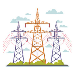 Transmission towers illustration, power lines carrying electricity across a landscape with cloudy sky on black background
