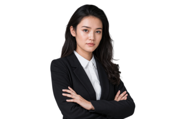 Portrait of a confident young Asian businesswoman in a black suit with arms crossed, isolated on white or transparent background