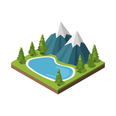 Isometric landscape scene with mountains lake and trees nature cartoon element peaceful environment concept outdoor recreation visual
