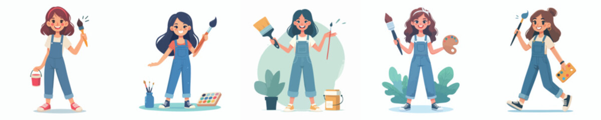 Cute Cartoon Girls with Painting Tools – Fun Vector Kids Illustration for Art and Creativity