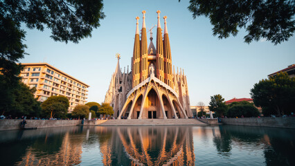 Sagrada Familia basilica in Barcelona showcases stunning architecture with intricate details and towering spires, reflecting on serene water