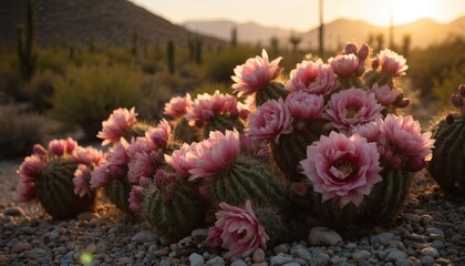 Obraz premium Desert landscape with blooming cacti, vibrant pink flowers, and rocky terrain. Cacti in various growth stages stand against hazy sunset sky and mountain range.