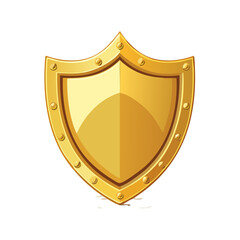 Cartoon golden shield icon illustration on black background. Isolated medieval heraldry protection. Shiny and detailed knight armor.