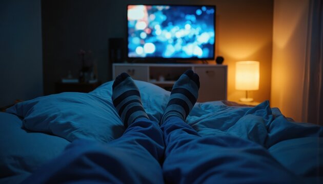 Serene nighttime scene in bedroom with person lying on side, feet propped up, legs crossed, blue socks, black shirt, contrast with light blue bedding. Room dimly lit, TV screen background displays