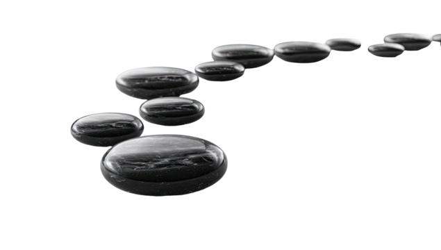 A grayscale image of smooth, dark stones forming a winding path