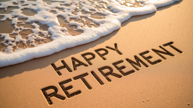 Happy retirement message written in sand by ocean, with gentle waves lapping at shore, creating serene and joyful atmosphere