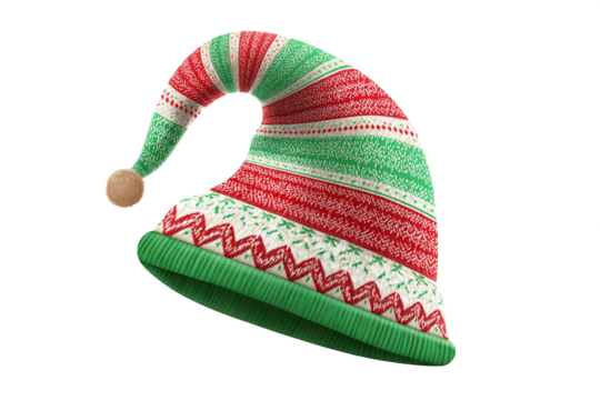 Knitted Christmas elf hat with pom-pom isolated on white transparent background.