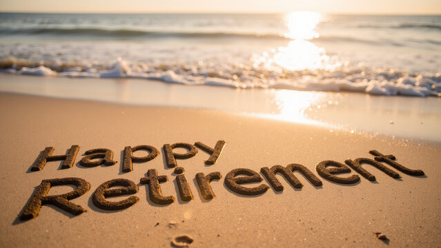 Happy retirement message written in sand on beach, with gentle waves in background and warm sunset glow