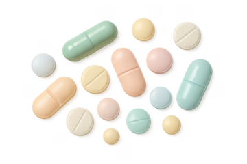 Colorful pills and capsules forming a pattern on transparent background