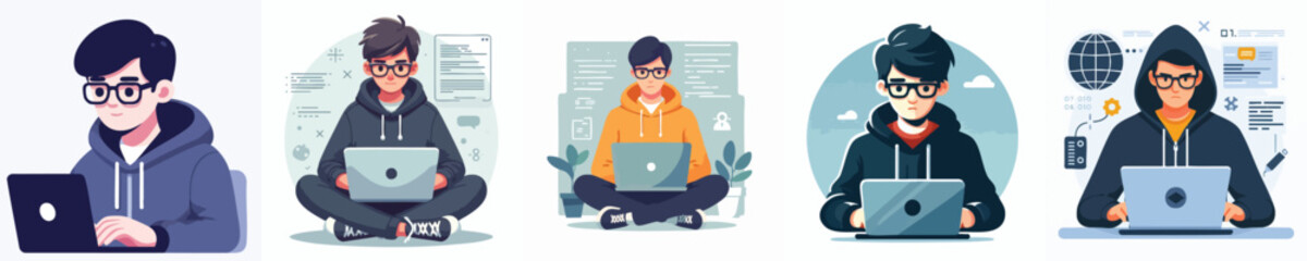 Teen Male Programmers in Hoodies Working on Laptops – Vector Style Tech Illustration
