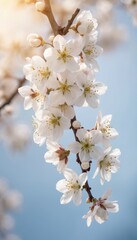 Obraz premium Close-up of white cherry blossoms in full bloom on a branch against light blue background. Delicate flowers, green leaves, soft focus. Natural, serene, and vibrant, white cherry tree beauty.