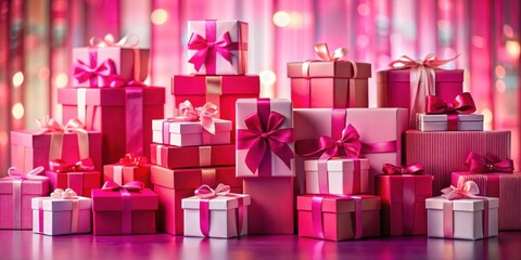 A Festive Collection of Pink Gift Boxes with Elegant Ribbons, Arranged in a Stacked Display Against a Sparkling Background