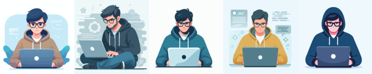 Young Male Coders in Hoodies Using Laptops – Tech Illustration in Vector Style
