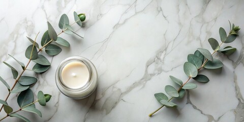 Serene Candlelight and Eucalyptus Branches on a Marble Surface A Tranquil and Relaxing Atmosphere