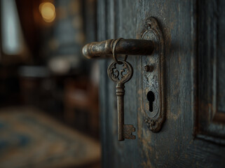 The door lock is open, with an old key hanging on the handle of antique metal in close-up.