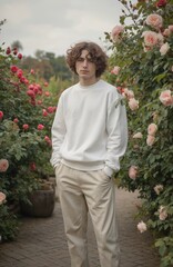 Young man stands confidently in charming rose garden. Wearing white sweatshirt and beige pants. Surrounded by pink roses and lush green leaves. Gray wall background.