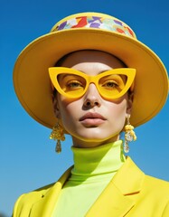 Woman wears vibrant yellow hat, oversized sunglasses. Confident gaze meets camera. Stands out against simple white background in green dress, gold necklace. Elegant, chic, makes bold fashion