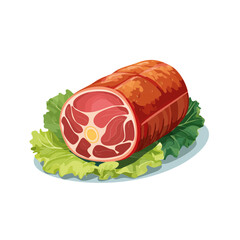Cooked ham on a bed of lettuce Delicious processed meat product presented on a plate Ready to eat prepared food