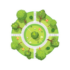 Aerial View of a Circular City Park Design Featuring Lush Greenery and Walking Paths