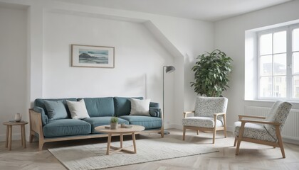 Fototapeta premium Living room with minimalist decor, beige carpet, blue sofa, armchairs, white pillow, coffee table, small plant, wooden side table, white vase, blue lamp, framed picture, white curtains, window, cozy