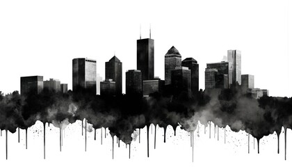 Obraz premium Vibrant monochromatic cityscape illustration. Austin, Texas urban landscape. Buildings with flat roofs on grid-like street. Water body adds depth to scene.