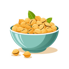 Bowl full of shelled nuts with green leaves, cartoon illustration, healthy snacks