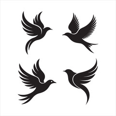 Obraz premium Four stylized black silhouettes of birds in flight against a white background