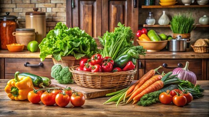 A Rustic Kitchen Countertop Displays an Abundance of Freshly Harvested Vegetables Ready for Preparation