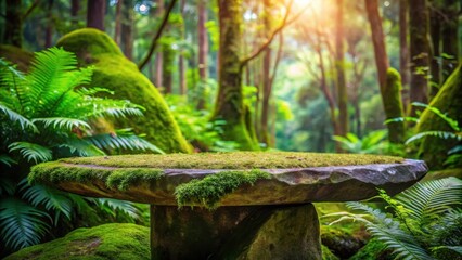 Serene Mossy Stone Table in a Lush, Verdant Forest Setting
