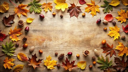 Autumnal Leaves and Nuts Arranged on Wooden Surface, Perfect for Seasonal Designs