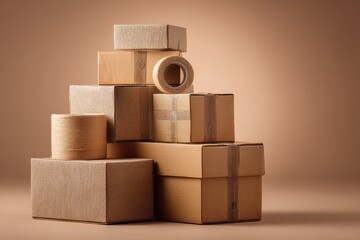 Stacked Cardboard Boxes with Tape Delivery or Storage in Studio Setting. MZ 