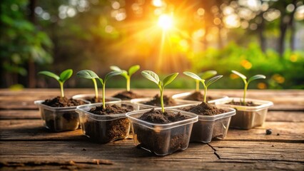 New seedlings in individual containers bask in the warm sunlight, symbolizing growth, renewal, and the promise of a bountiful harvest.
