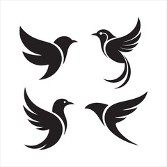 Obraz premium Four stylized black silhouettes of birds in flight on a white background