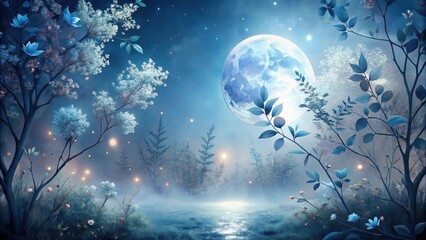 Enchanted Moonlight Forest Serene Nighttime Landscape with Glowing Flora and a Mystical Full Moon