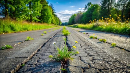 Resilience of Nature Wildflowers Blooming Through Cracks in a Rural Roadway's Asphalt