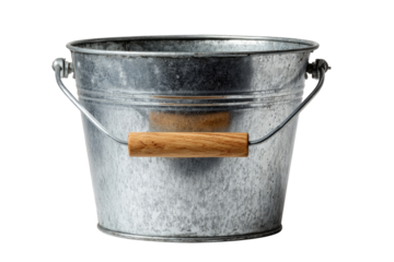 A galvanized metal bucket with a wooden handle