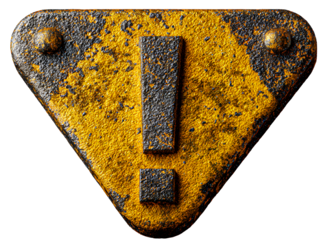 Metallic Yellow Warning Exclamation Mark with Industrial Texture, Angled View, Isolated on Transparent Background