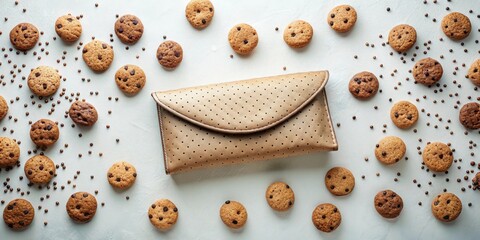 A stylish tan purse rests amidst a scattering of chocolate chip cookies and tiny decorative beads on a light background.