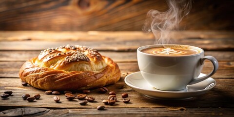 Warm aromatic coffee with a delightful pastry on a rustic wooden table