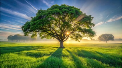 Serene Sunrise Illuminating a Majestic Tree in a Verdant Meadow