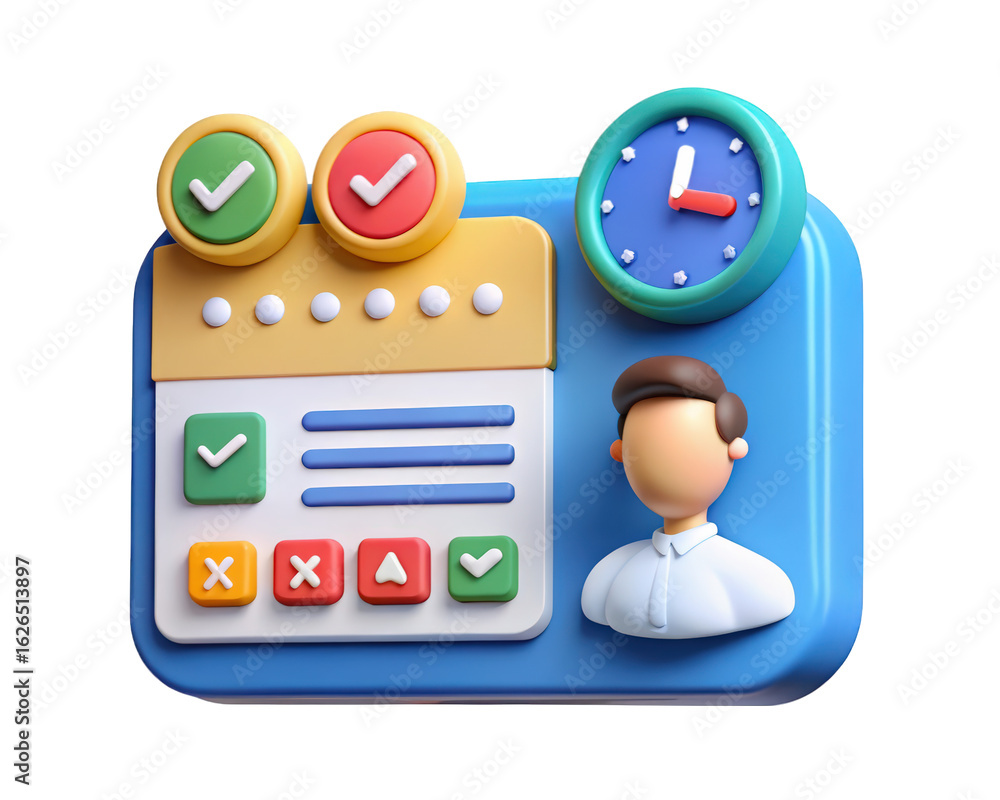 Poster 3d task management with checklist, clock and person icon to-do list completed 3d render icon