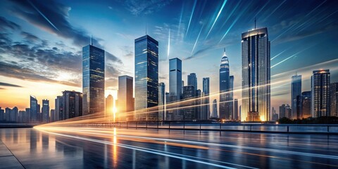 Dynamic Metropolis at Sunset A Vibrant Skyline with Streaking Lights on a Modern Highway